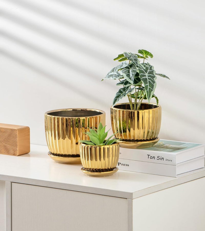 Ton Sin Gold Plant Pots,4.1+5.1+6.5 Inch Ceramic Succulent Planters Set of 3 Mini Indoor Flower Pot with Drainage,Handmade Decorative Ceramic Orchid and Herb Pots(Gold) - Image 4
